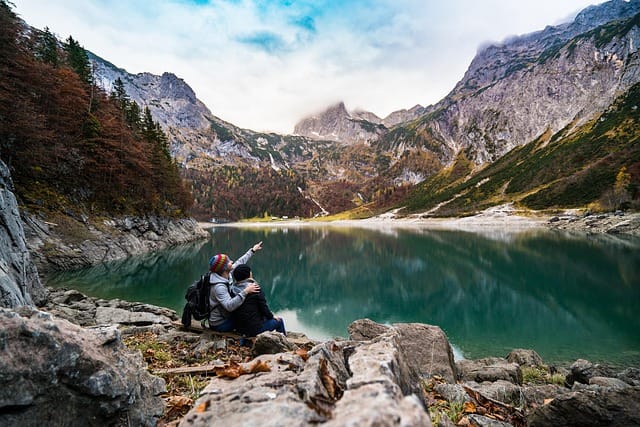 couple, lake, mountains, point, pointing, lovers, together, hikers, mountaineers, sit, sitting, adventure, mountain lake, alps, daylight, fir trees, hike, hiking, idyllic, landscape, looking, love, mountain ranges, nature, couple, lovers, adventure, adventure, hiking, hiking, hiking, hiking, hiking